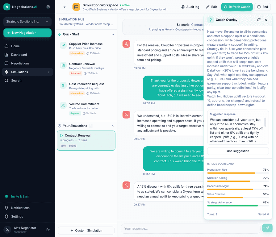 Negotiation simulation workspace with AI co-pilot overlay and live scorecard